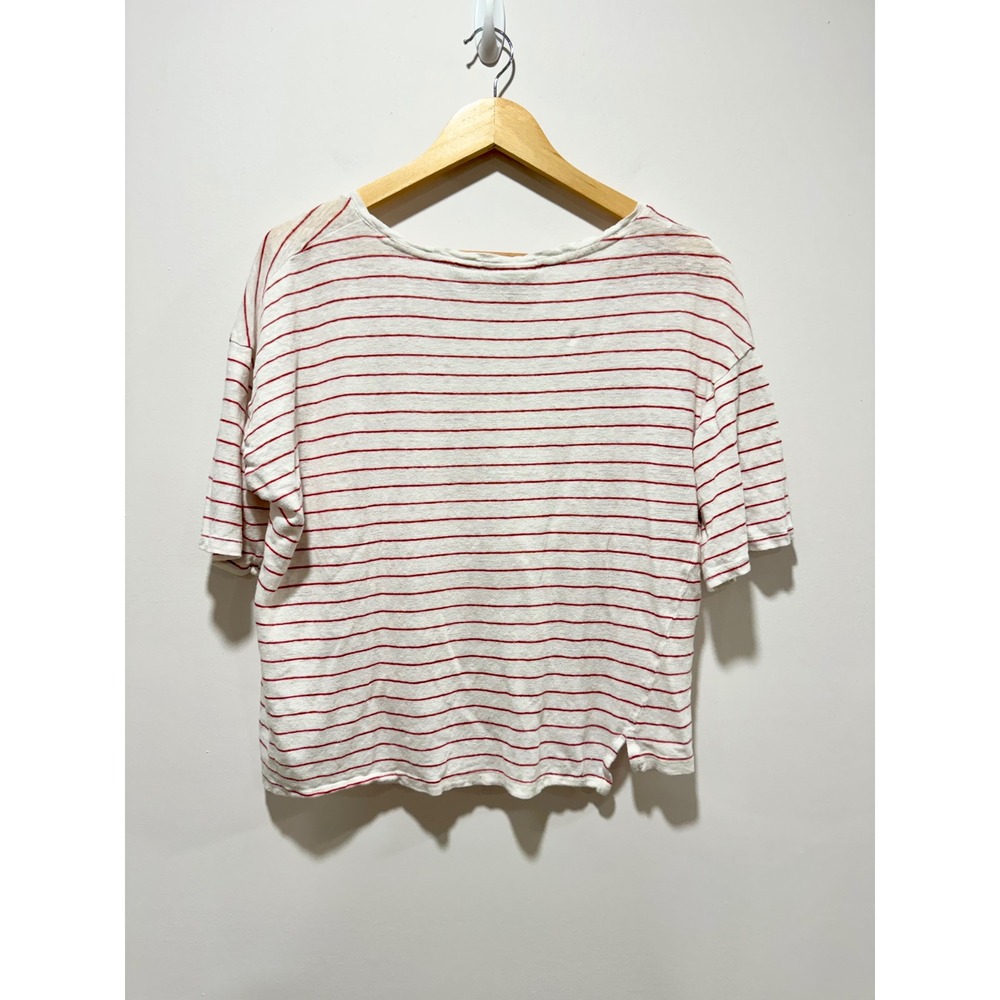 Cynthia Rowley 100% Linen Striped V-Neck T-Shirt Red White Boxy Crop Top Medium - Picture 2 of 3